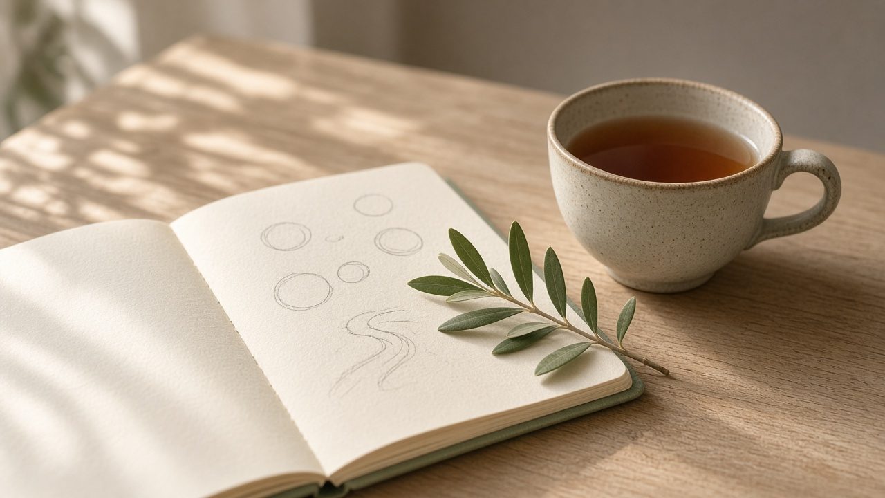 An open notebook, an olive sprig, and a cup of tea on a wooden table in morning light.